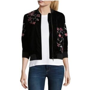 a.n.a Black velvet Bomber Jacket with Pink Floral Embroidery